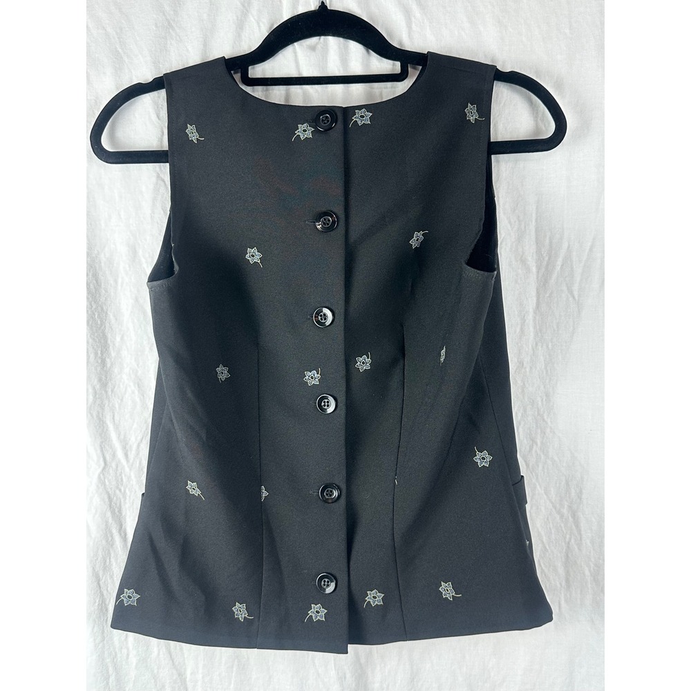 Lisa Jo Women's Black Round‎ Neck Button Up Vest flowers vintage 90's